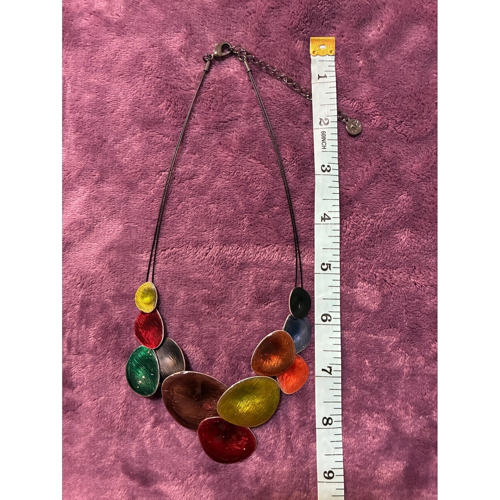 Ikita Multicolor Enamel Organic Shape Bib Statement Necklace Adjustable Silver - Picture 2 of 4